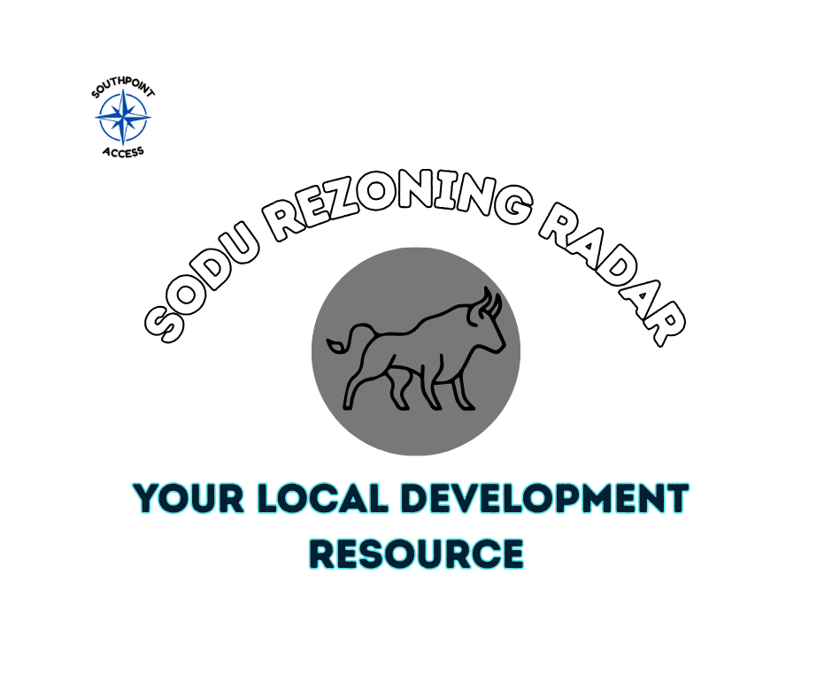Graphic for the Southpoint Access SoDu Rezoning Radar page, featuring a stylized bull icon inside a gray circle with the text “SODU REZONING RADAR” and “YOUR LOCAL DEVELOPMENT RESOURCE.”