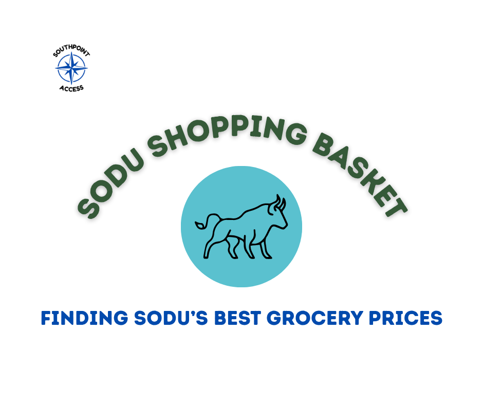 Southpoint Access SoDu Shopping Basket page, featuring a stylized bull icon inside a teal circle with the text “SODU SHOPPING BASKET” and “FINDING SODU’S BEST GROCERY PRICES.”