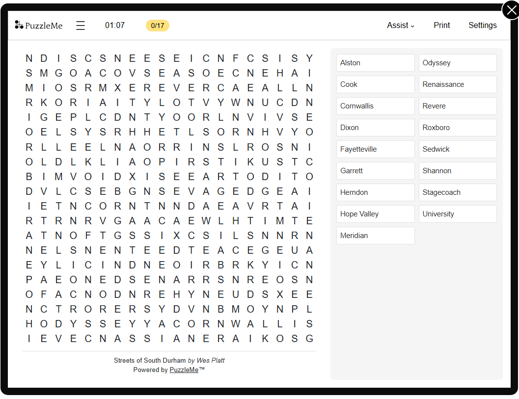 [Word Search] Streets of South Durham