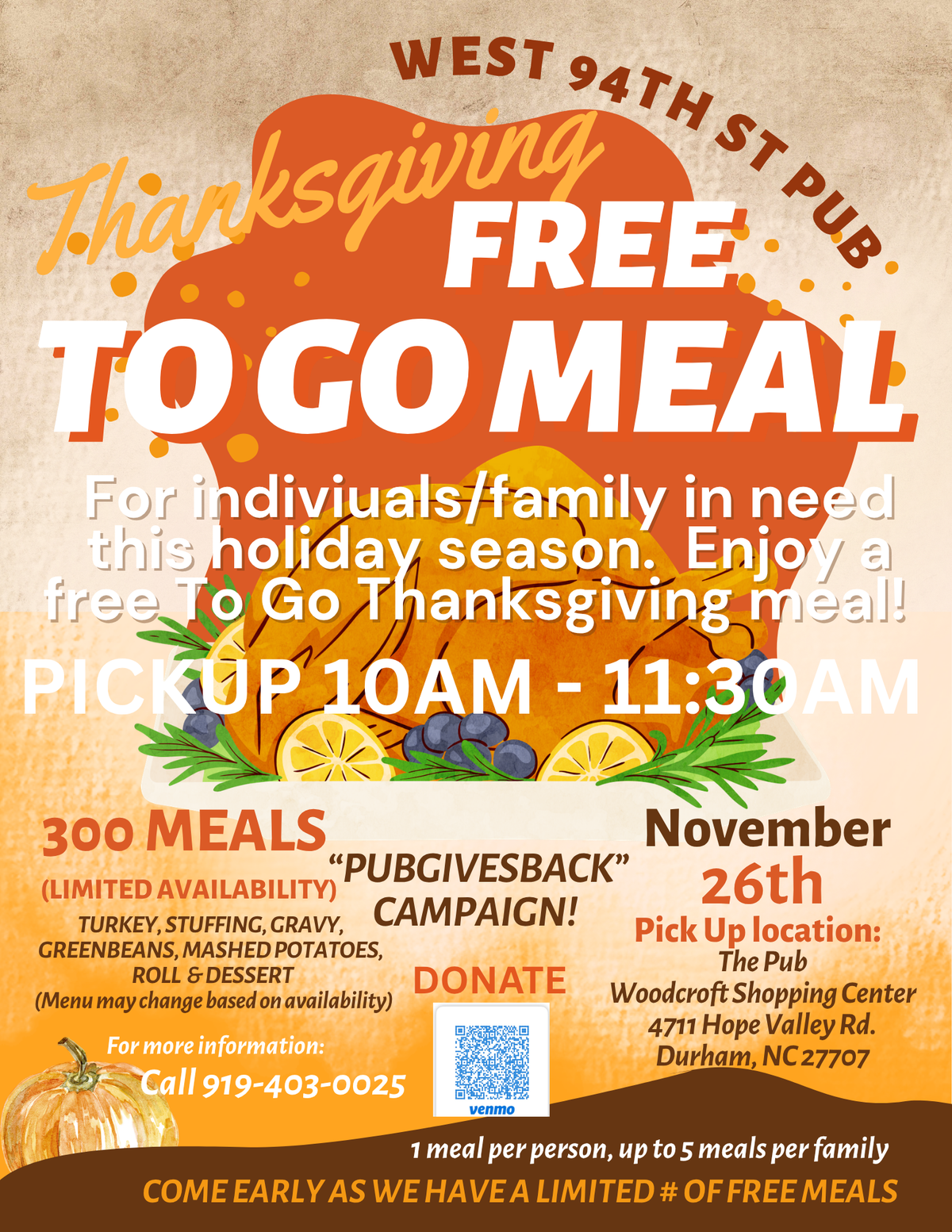 Woodcroft restaurant plans 300 free Thanksgiving meals