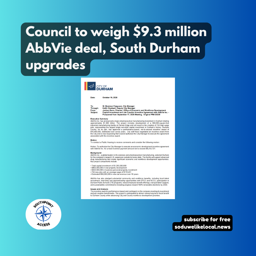 Council to weigh $9.3 million AbbVie deal, South Durham upgrades