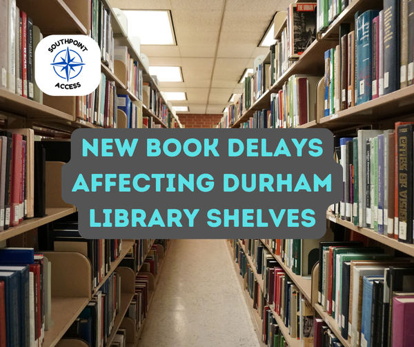 Photo of library stacks in a Durham branch with rows of books and fluorescent ceiling lights; Southpoint Access logo in the corner.
