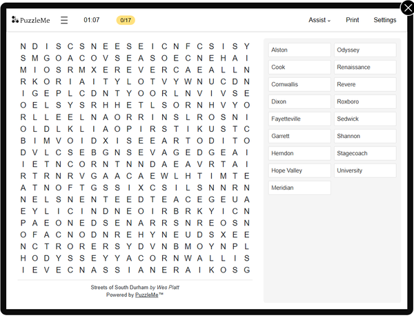 [Word Search] Streets of South Durham