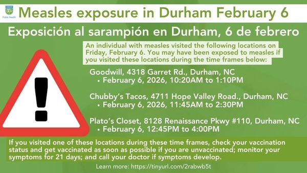 Measles Exposure Confirmed in South Durham
