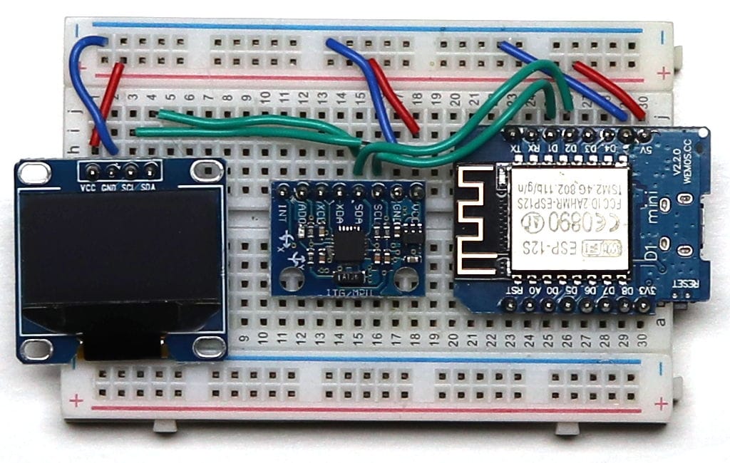 I2C OLED display and Gyro wired to Wemos D1