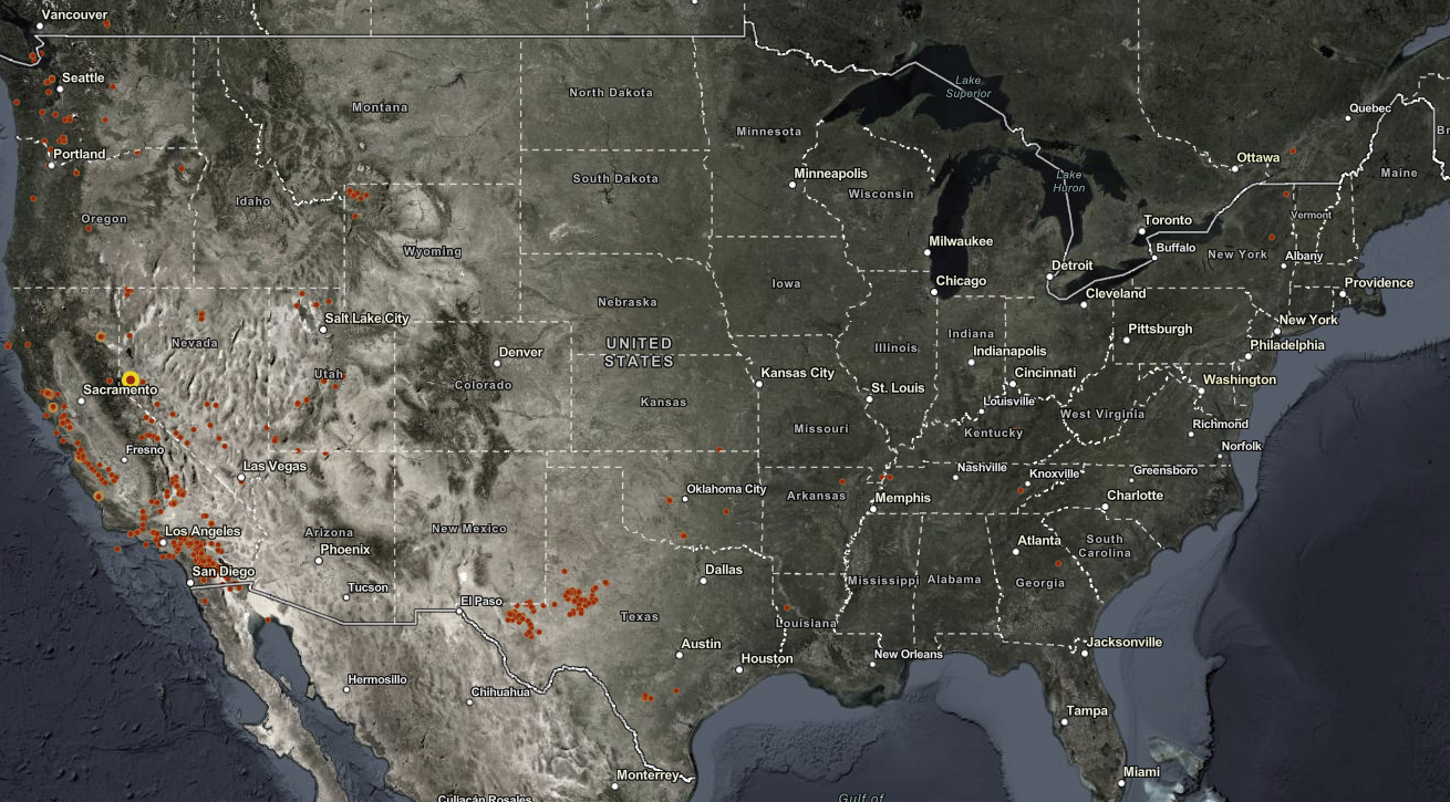 This map shows recent earthquake activity across the continental United States and portions of North America during the past 90 days, displaying earthquakes with magnitude 3.5 or greater. The continent-level view spans from the Pacific Coast to the Atlantic Coast, including parts of Canada and Mexico. The most striking pattern is the concentration of earthquake activity along the western coast of the United States, particularly in California, with scattered activity in the central and eastern regions.