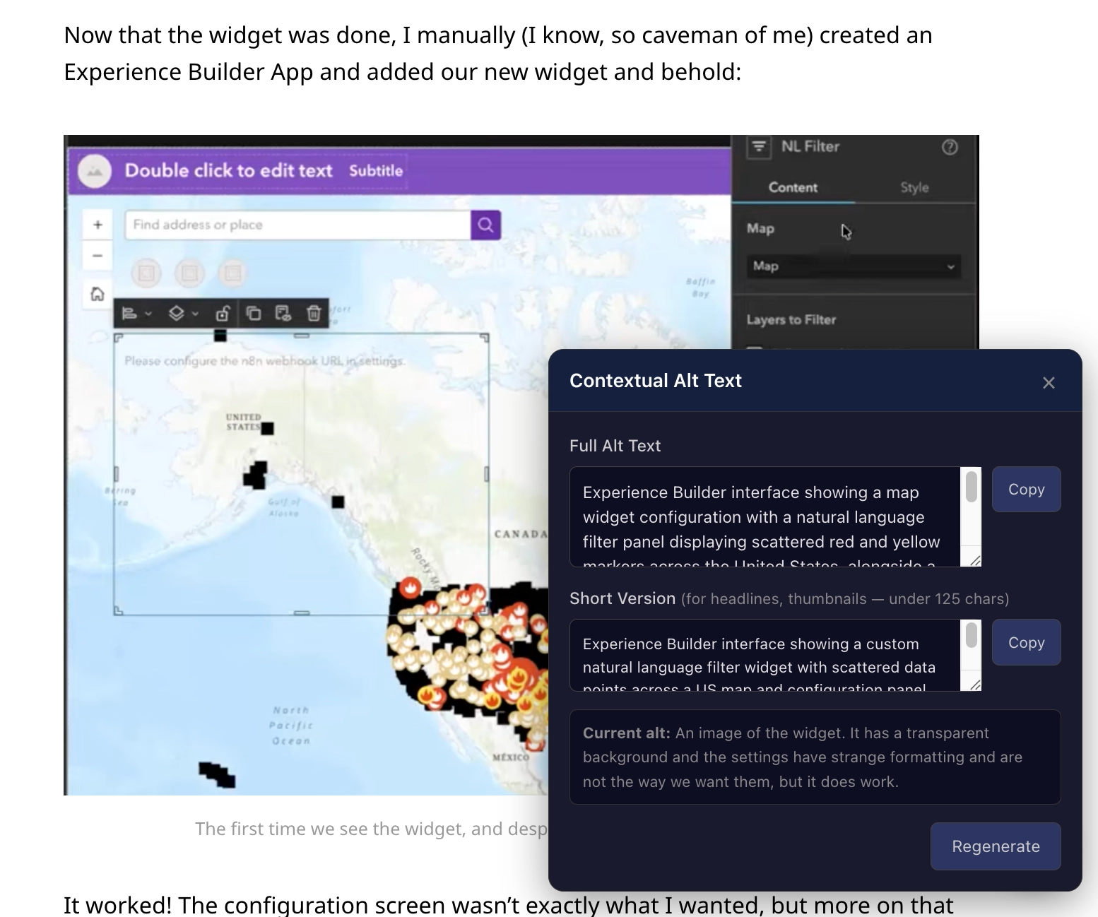 A screenshot showing the output of the Looking Glass app, used on an image in last week's newsletter showing the alt text it generated.