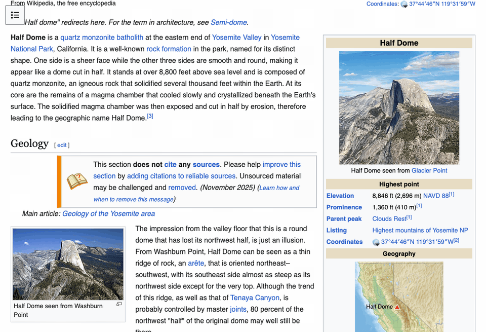 Looking Glass interface in action from right-click Generate Alt Text to showing two generated alt text options for an image - a detailed version and a shorter version for headlines, with copy and regenerate buttons for each option. Shown on an image in Wikipedia of Half Dome.