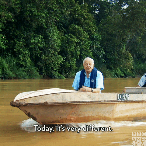 David Attenborough riding in a small boat in a jungle saying "Today it's very different"