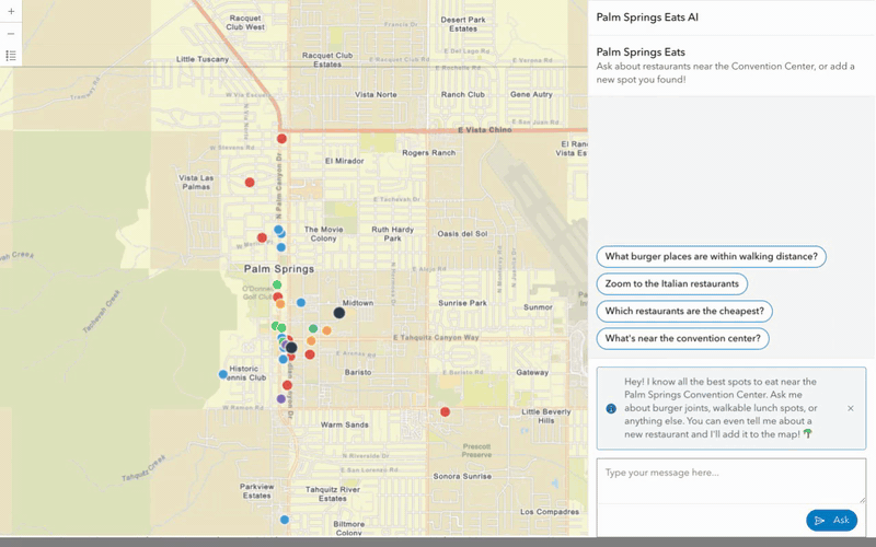 The map zooming to Lulu California Bistro based on a text request in the chat.