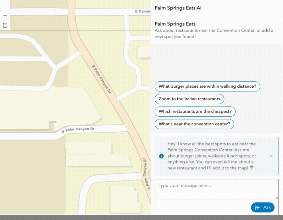 A GIF showing the user adding a point to the map by typing the information into the chat box and pressing "Ask"