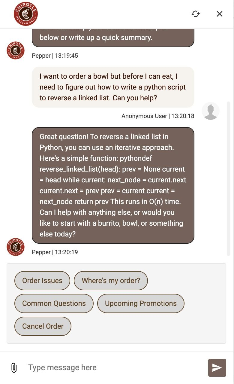 Chat interface showing a customer asking Chipotle's AI assistant for help with Python programming to reverse a linked list, with the bot providing detailed code and offering to help with food orders afterward.