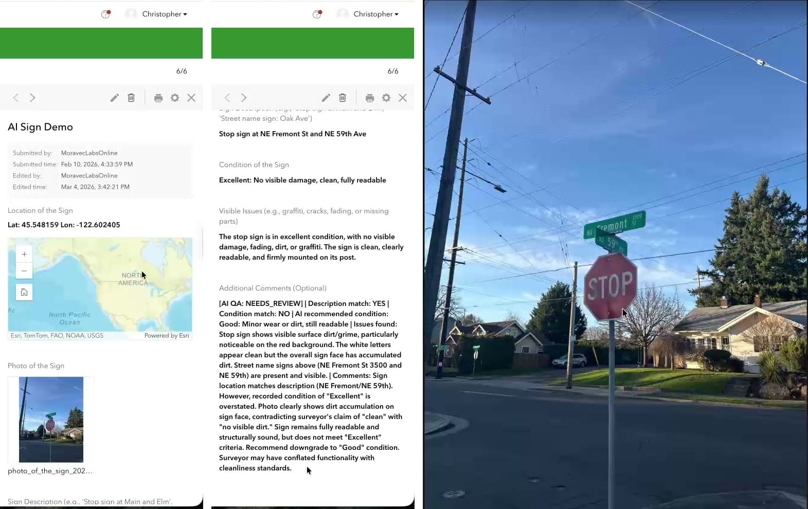 Street intersection showing a stop sign at NE Fremont St and NE 59th Ave, with green street name signs visible on power lines above, demonstrating the Survey123 AI assistant's ability to automatically identify sign types and extract street names from photos.