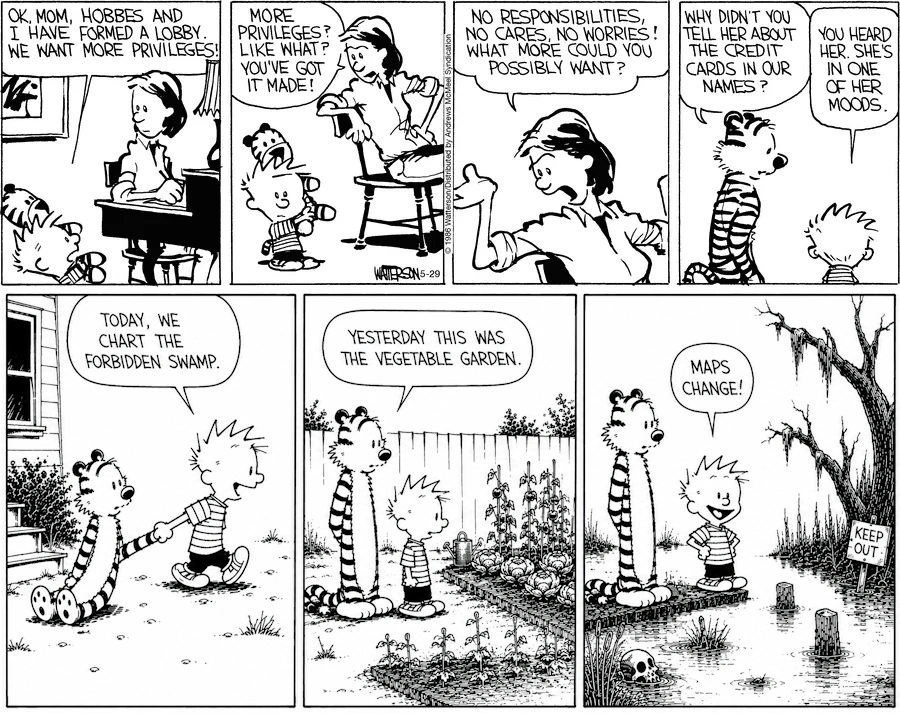 A Calvin and Hobbes comic strip by Bill Watterson showing two storylines: in the top row, Calvin and Hobbes attempt to lobby Calvin's mom for more privileges, only to be rebuffed; in the bottom row, Calvin declares the backyard vegetable garden "the Forbidden Swamp" on his map, responding to Hobbes's objection with "Maps change!"