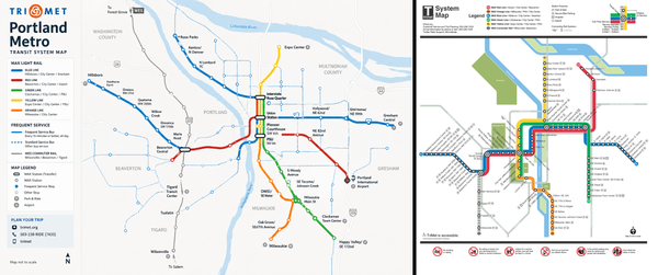 Two side-by-side transit maps labeled as Portland Metro — the left displays the TriMet branding with color-coded MAX light rail lines overlaid on a geographic street map, while the right shows a cleaner schematic-style system diagram; readers must determine which is AI-generated and which is the official TriMet map.