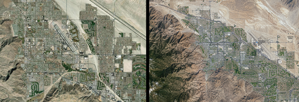 Side-by-side satellite images of Palm Springs, California used as an "AI or Not" quiz challenge, where the left image is the real aerial photograph and the right is AI-generated; both show a desert city grid with mountain terrain, making them difficult to distinguish.