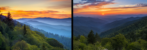 Side-by-side comparison of two sunset photographs over the Great Smoky Mountains' blue ridgelines, used to challenge readers to identify which is AI-generated; the left image is the real photograph.