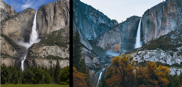Side-by-side comparison of two photos of Yosemite Falls, challenging the viewer to identify which is AI-generated; the left shows a single waterfall in daylight with green meadows, while the right shows a more dramatically composed scene with autumn foliage, multiple cascades, and moody lighting.