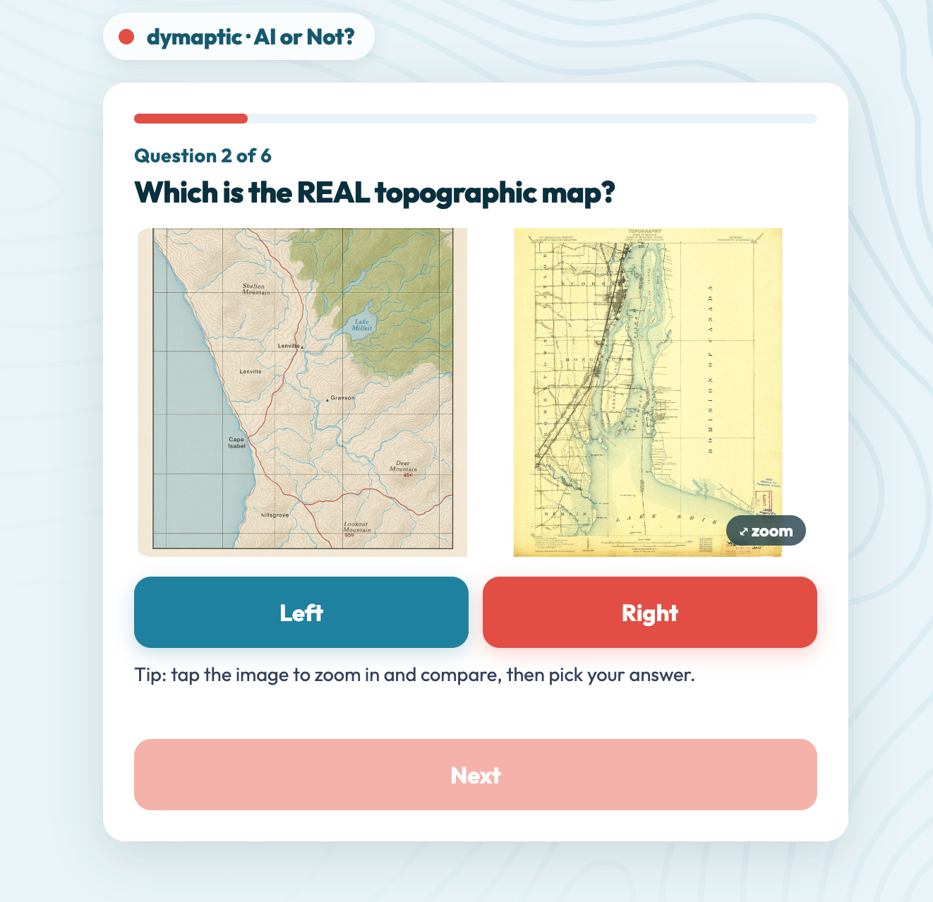 A side-by-side comparison quiz from the Dymaptic "AI or Not?" booth game, showing Question 2 of 6: the left option displays a colorful modern-style topographic map with labeled mountains and waterways, while the right shows an aged, yellowed historical topographic map of the Lake Erie shoreline, with "Left" and "Right" buttons below for players to choose which is real.
