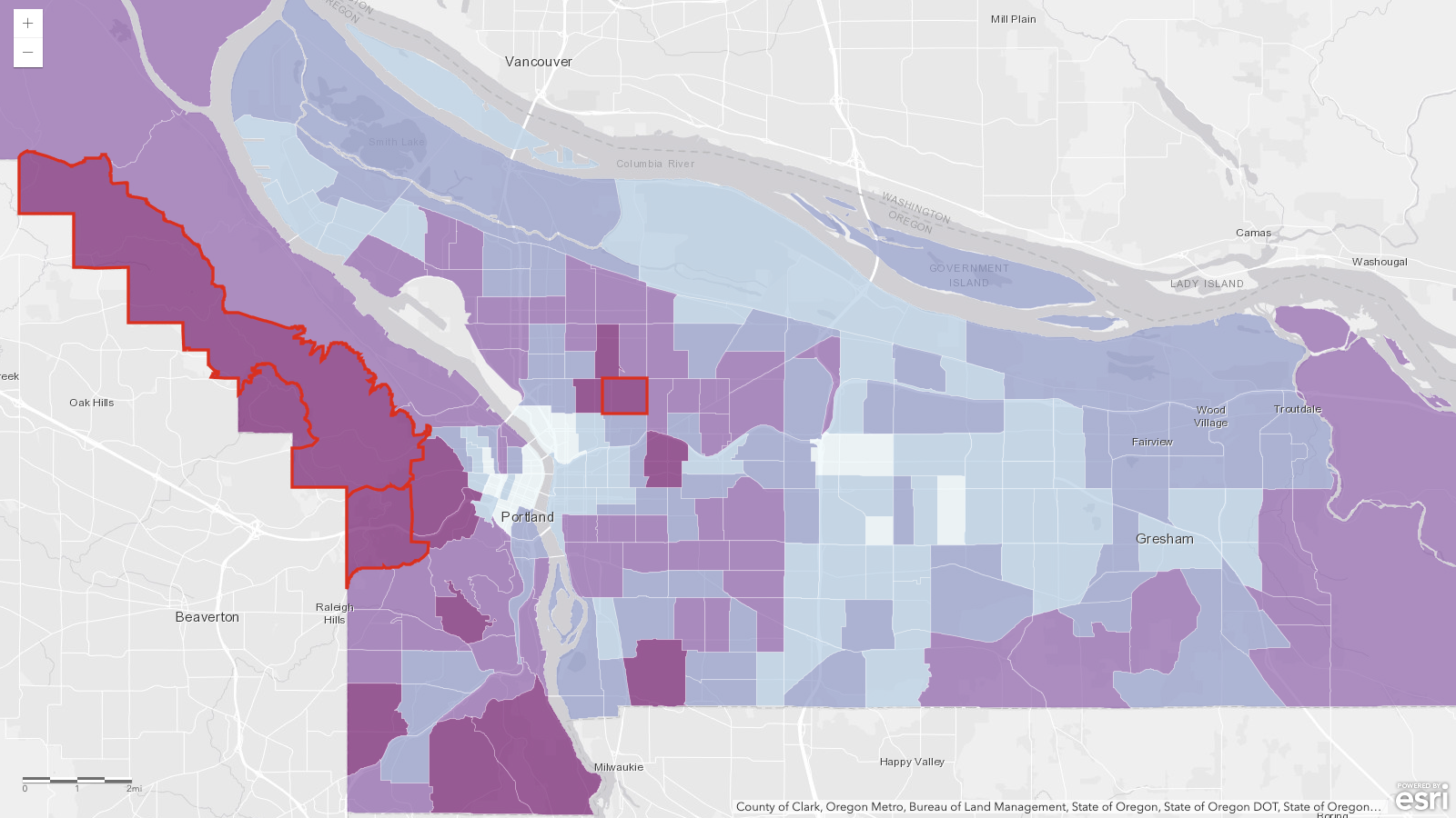 Choropleth map of Multnomah County, Oregon census tracts shaded by median household income, from pale blue for under $50,000 to dark purple for $150,000 and up. The wealthiest tracts cluster on the county's west side, and the three highest-income tracts—70.02, 25.01, and 69—are outlined in red.