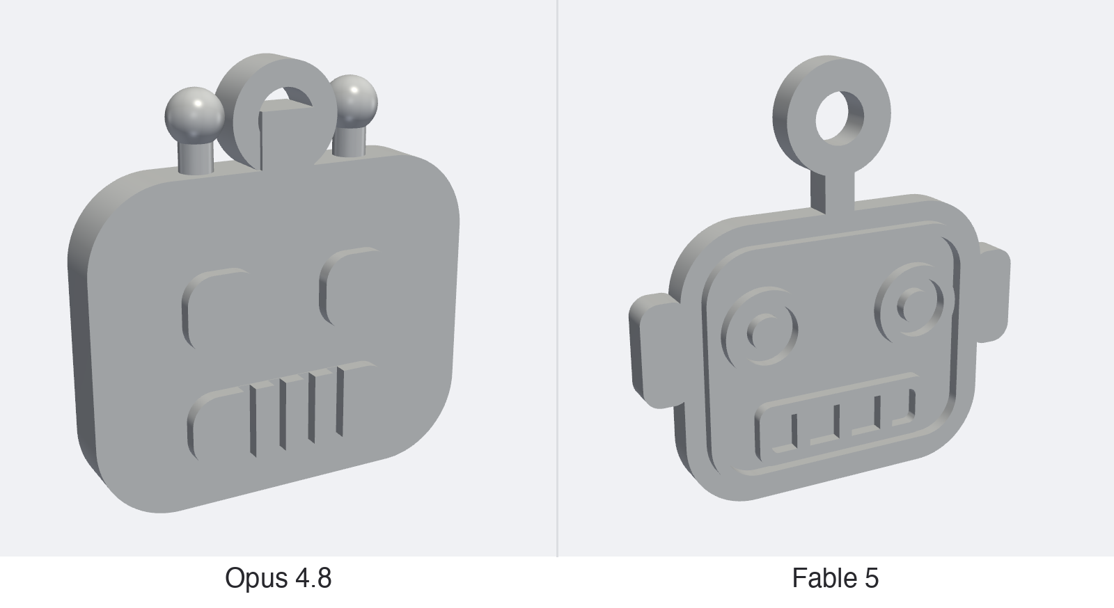 Side-by-side 3D renders comparing two robot head keychain designs: Opus 4.8's version (left) has a plain square face with indistinct facial features and two antenna balls on top all merged together with a hole for a keyring, while Fable 5's version (right) shows a more detailed, recognizable robot face with circular eyes, ear panels, a grid-pattern mouth, and a single loop antenna correctly designed as a keyring attachment.