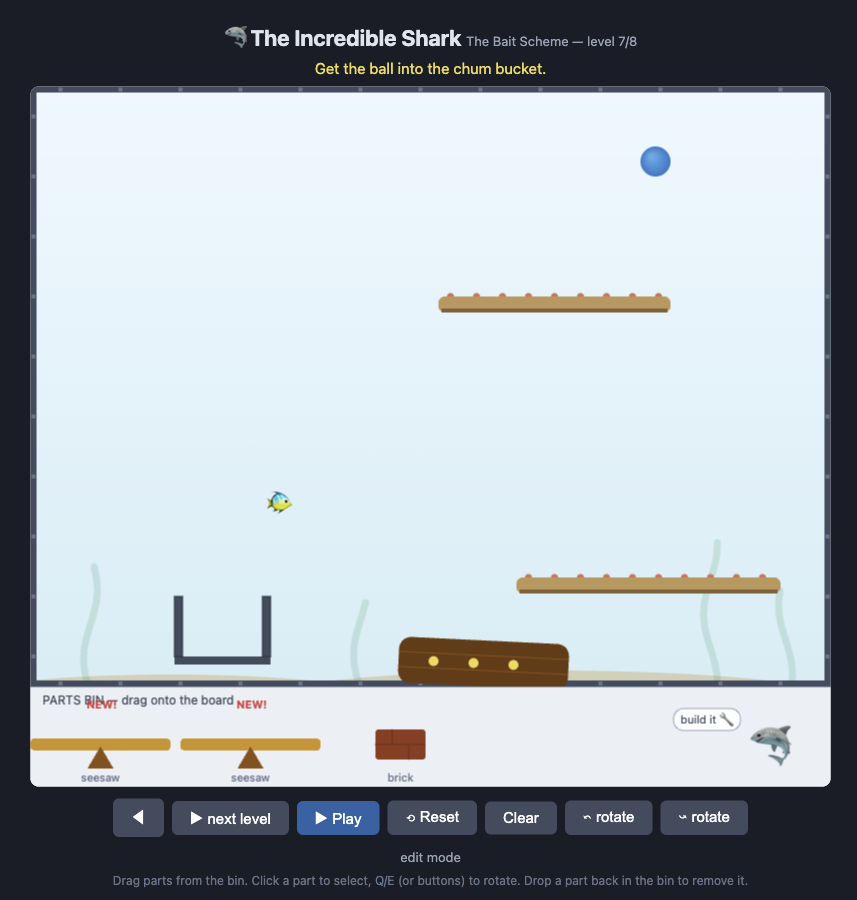 Level 7/8 of the AI-generated "Incredible Shark" game showing an underwater puzzle with a blue ball near the top, two wooden platforms at different heights, a U-shaped container at bottom-left, and a parts bin below the play area containing two seesaws and a brick that can be dragged onto the board to guide the ball into the chum bucket.