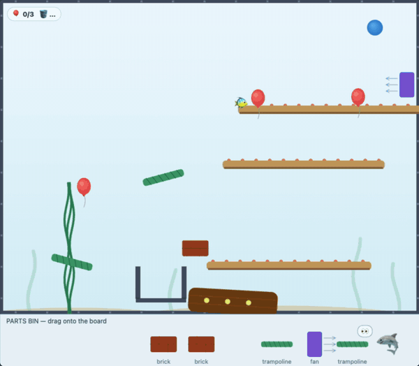 A level from the AI-generated Incredible Machine-style game showing multiple floating wooden platforms, red balloons to pop, a small bird character, seaweed and fish decorations in the background, and a parts bin at the bottom with bricks, trampolines, and a fan available to drag onto the board — illustrating the game's complexity after a month of iterative development leading up to level 10.
