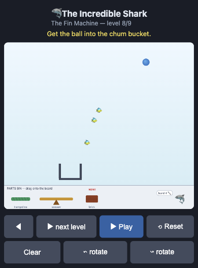 Level 8 of 9 in "The Incredible Shark" game ("The Fin Machine"), showing a puzzle where a blue ball must reach a chum bucket at the bottom, with three fish obstacles positioned along the path and available parts including a trampoline, seesaw, and brick in the parts bin.
