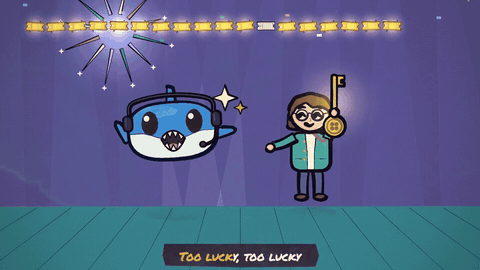 Animated frame from "Too Lucky to Be Human" showing Jaws the blue shark mascot floating beside a stick-figure character holding a golden key, with the lyric subtitle "Too Lucky, Too Lucky" displayed at the bottom — representing version three of the AI-generated animated music video about AI watermarking.