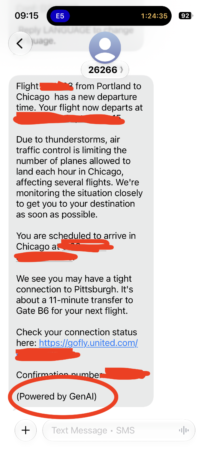 A United Airlines SMS text message from shortcode 26266, with personal flight details redacted in red, notifying a passenger of a departure time change due to Chicago thunderstorms and warning of an 11-minute connection to Gate B6 for a Pittsburgh flight; the phrase "(Powered by GenAI)" at the bottom is circled in red to highlight United's transparency about AI-generated messaging.