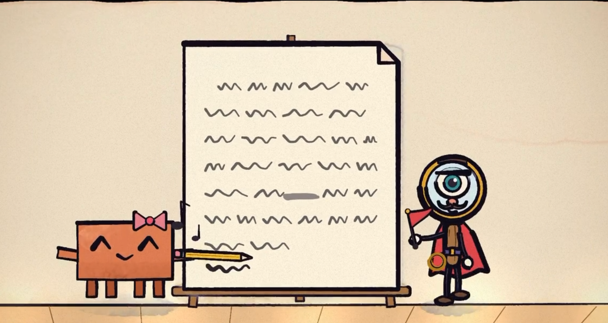 A cartoon animation still showing two whimsical characters flanking a large easel displaying a page filled with wavy scribble lines meant to represent illegible text or music lyrics — illustrating an early, rough version of the AI-generated animated video before refinement, including a square orange character with a bow and a stick figure with a magnifying glass for a head wearing a red cape.