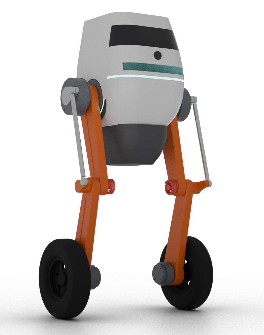 A 3D-rendered cartoon-style robot with a white egg-shaped body, orange articulated legs with spring joints, and two large black wheels, illustrating the DeskBot prototype built using AI-assisted design in Fusion 360 that inspired the author's GIS agent project.