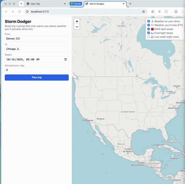 Denver-to-Chicago plan with four map layers checked—route weather, weather you'll miss, NWS alerts, and overnight stops—while live radar stays unchecked, illustrating how the app makes its data choices visible and toggleable.
