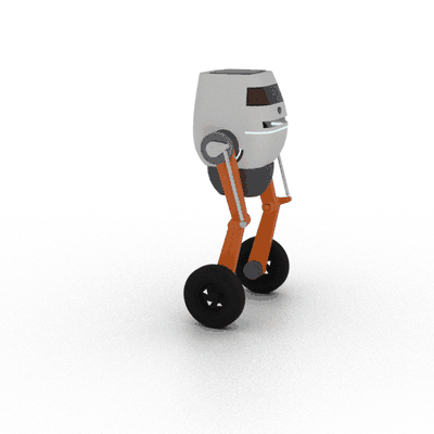 A small 3D-rendered robot with a white cylindrical body, orange jointed legs, and two black wheels, shown mid-balance as a teaser for a future reinforcement learning project.