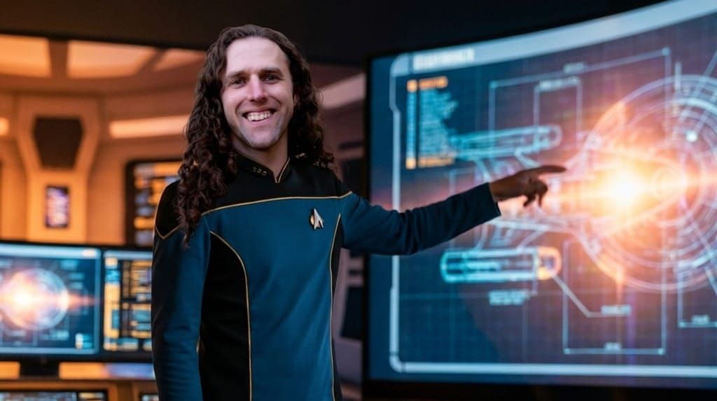 An AI generated image of "me" in a StarTrek uniform pointing at a screen with the enterprise on it. It looks a little like they let me use photoshop to do it.