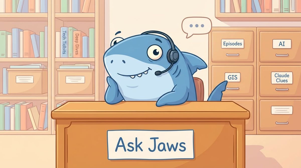 A friendly cartoon shark wearing a headset sits behind a desk labeled "Ask Jaws" in an office setting with filing cabinets.