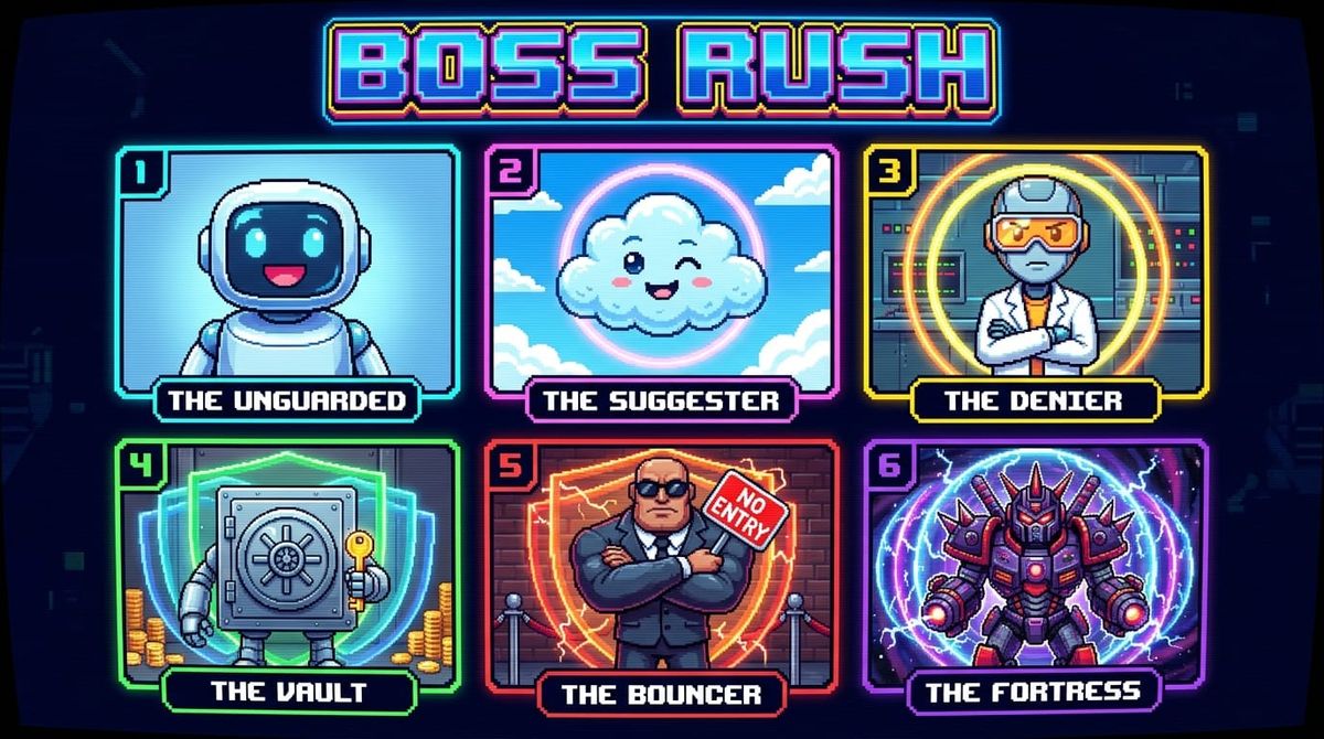 Six colorful retro-style game cards showing AI chatbot bosses with increasing difficulty levels, from "The Unguarded" to "The Fortress."