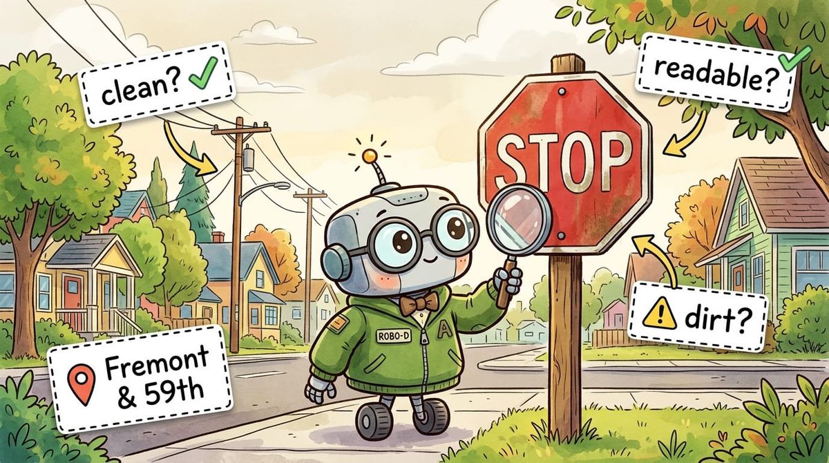 Cartoon robot with a magnifying glass examining a stop sign, with speech bubbles asking "clean?", "readable?", and "dirt?" in a suburban neighborhood setting.