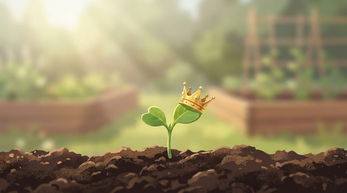 A small seedling wearing a golden crown emerges from rich soil, symbolizing the importance of providing proper context for AI growth.