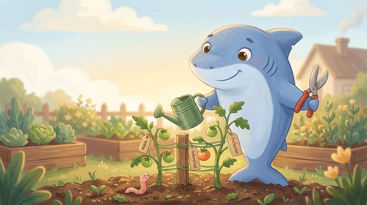 Cartoon shark wearing overalls uses gardening tools to tend tomato plants in a garden, illustrating software development as gardening.