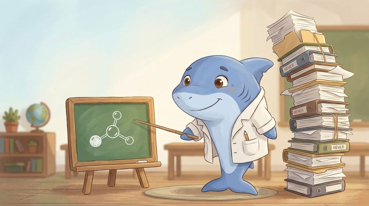 Blue shark in lab coat holding pointer at chalkboard with molecular diagram, standing next to tall stack of books in classroom setting.