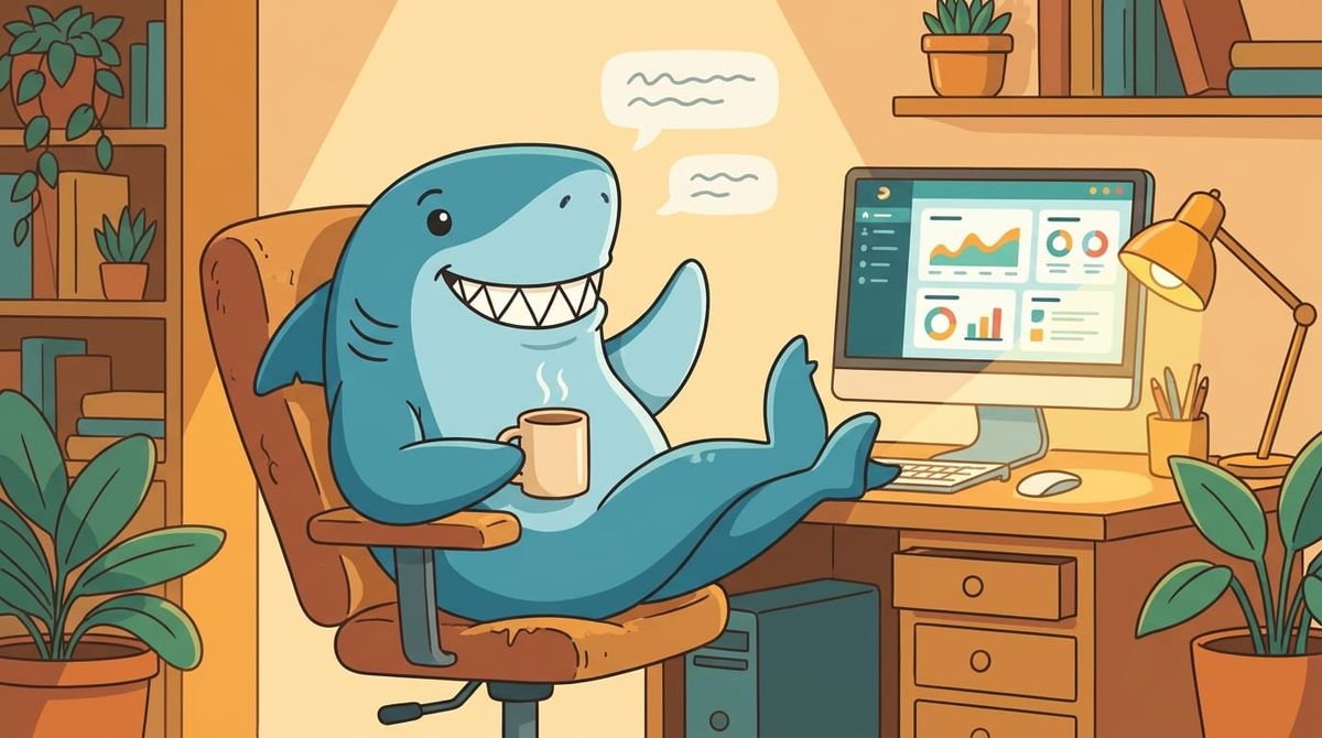 Cartoon shark sitting at a desk with analytics dashboard, holding coffee mug in a cozy home office setting.