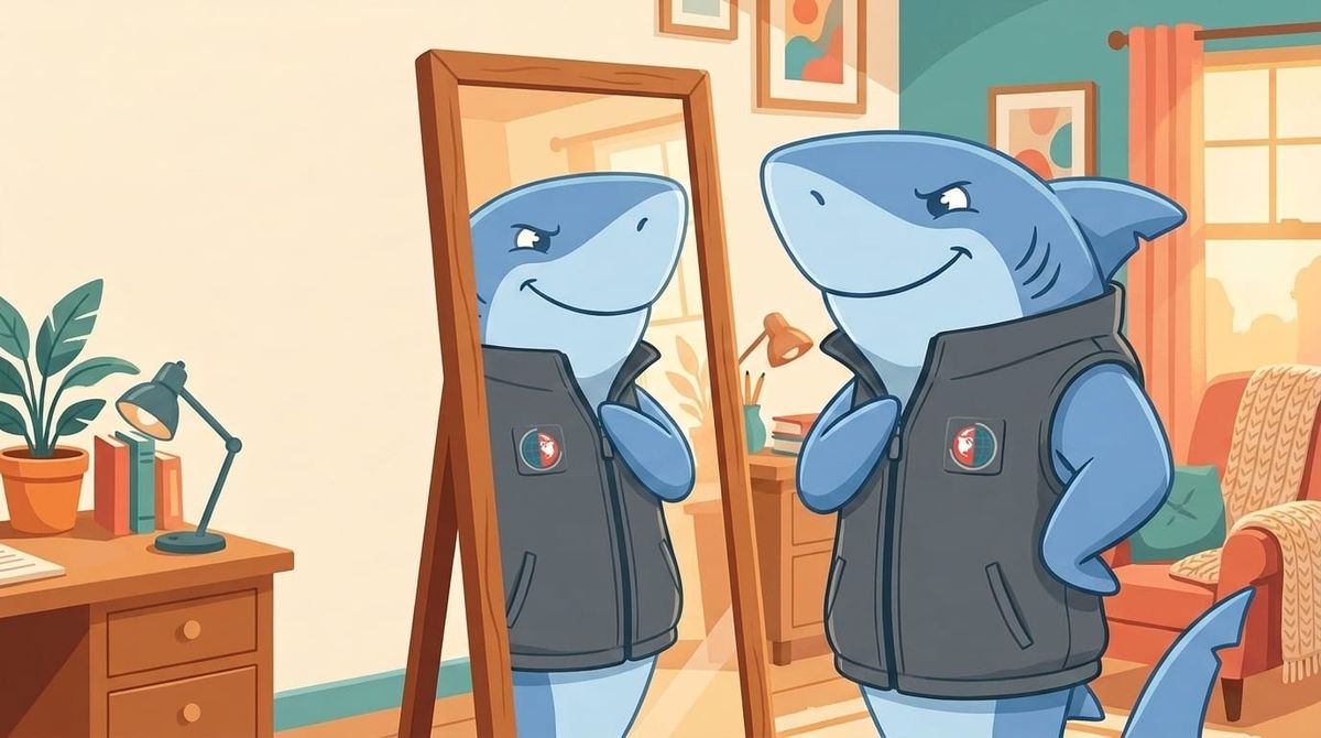 Cartoon shark wearing a gray vest stands confidently next to a mirror in a cozy home office setting.