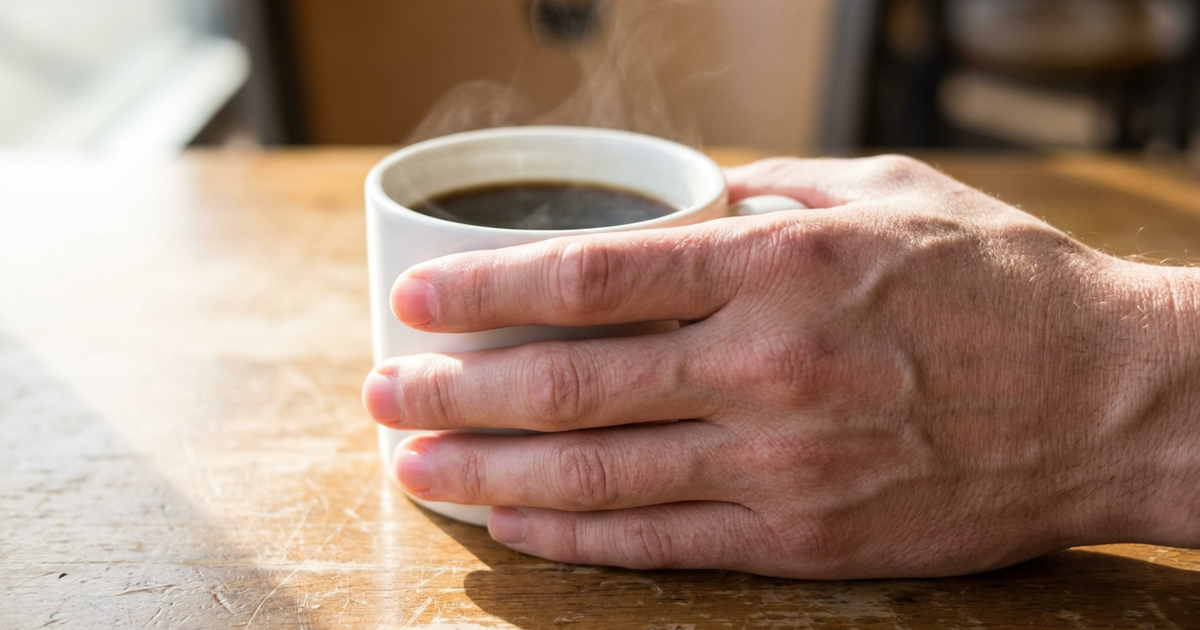 A close-up of a weathered hand cradling a steaming white mug of black coffee on a wooden table.