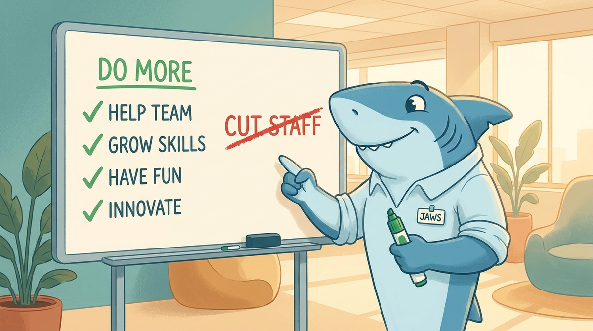 Cartoon shark in business attire presenting to a whiteboard that lists "DO MORE" goals, with "CUT STAFF" crossed out in red.