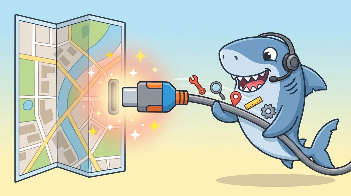 A cartoon shark wearing a headset plugs a cable into a folded map, with tool icons like a wrench, magnifying glass, and gear floating nearby.