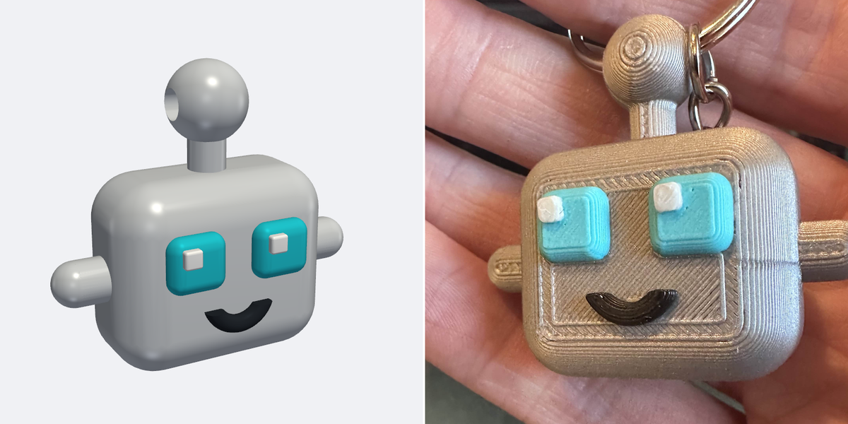 Side-by-side comparison of a robot head emoji's 3D render (left) and the finished silver 3D-printed keychain (right).