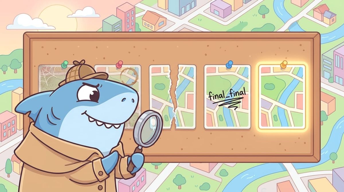 A cartoon detective shark holding a magnifying glass examines a corkboard of maps, one labeled "final_final," against a city backdrop.