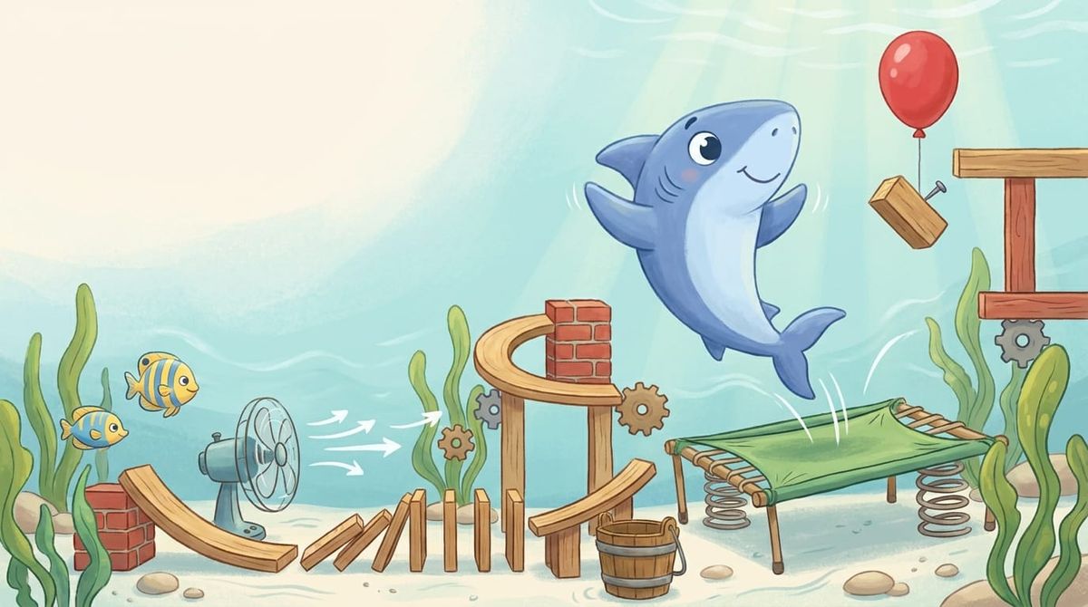 Cartoon shark bouncing on a trampoline amid an underwater Rube Goldberg machine.