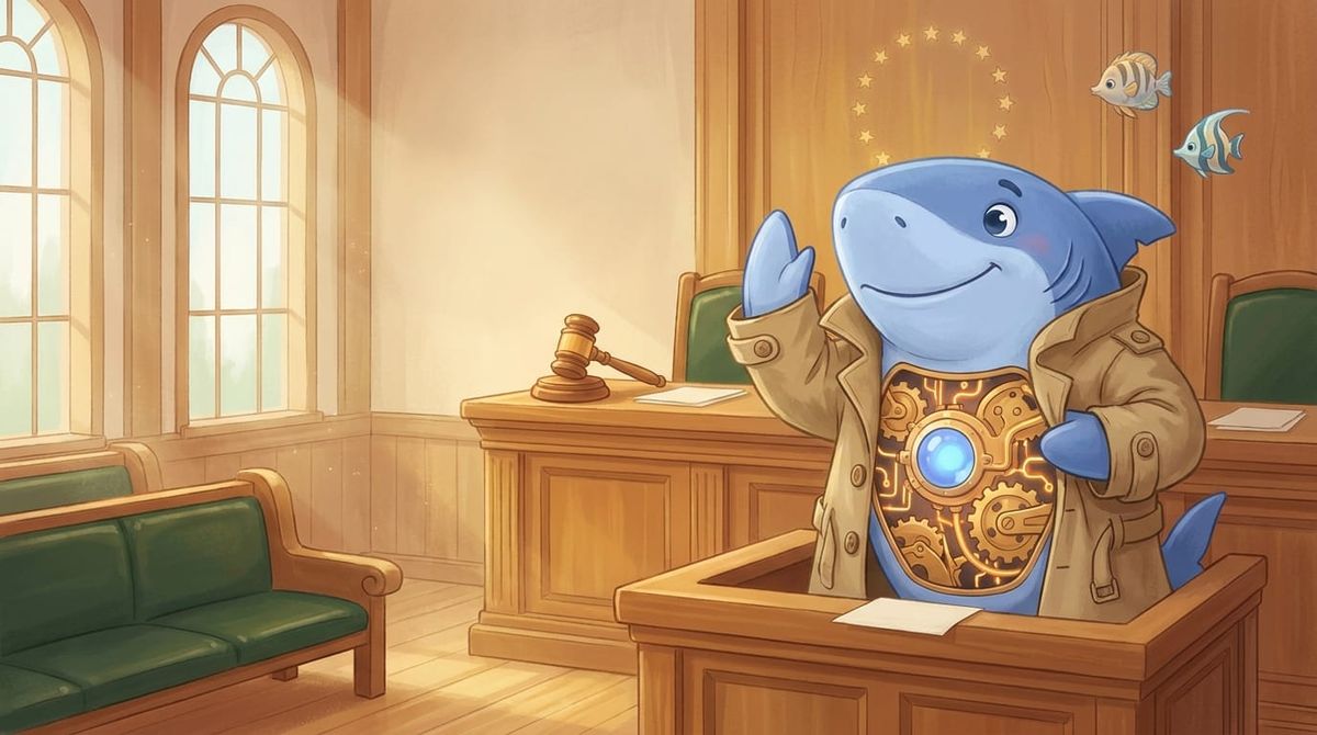 A cartoon shark in a trench coat raises its fin in a courtroom, with gears and a glowing orb on its chest.